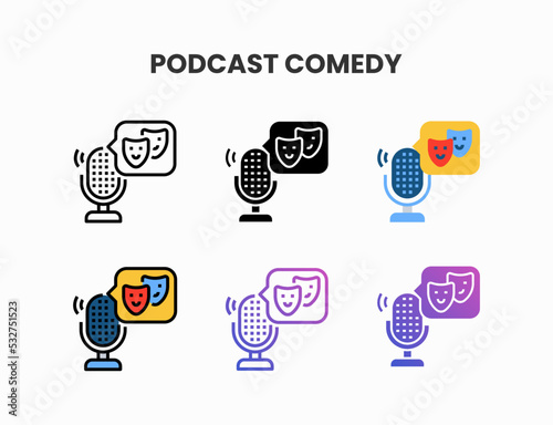 Comedy Podcast icon set with line, outline, glyph, filled line, flat color, line gradient and flat gradient. Can be used for digital product, presentation, print design and more.
