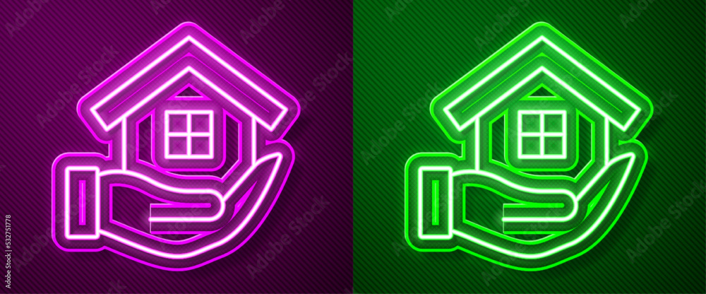 Glowing neon line House in hand icon isolated on purple and green background. Insurance concept. Security, safety, protection, protect concept. Vector