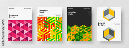 Multicolored banner A4 vector design layout collection. Abstract geometric hexagons leaflet concept bundle.