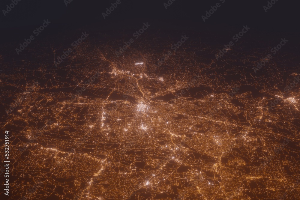 Aerial shot on Hartford (Connecticut, USA) at night, view from west. Imitation of satellite view on modern city with street lights and glow effect. 3d render