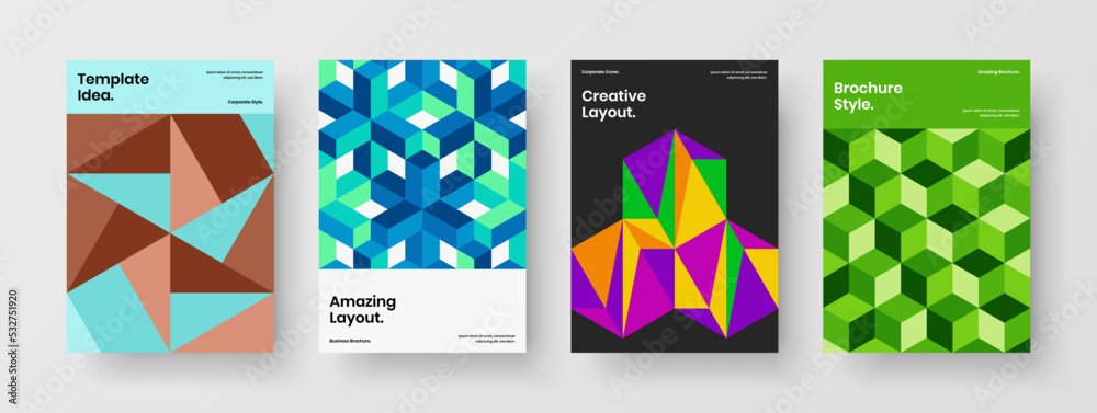 Bright booklet A4 vector design illustration bundle. Simple mosaic tiles flyer layout set.