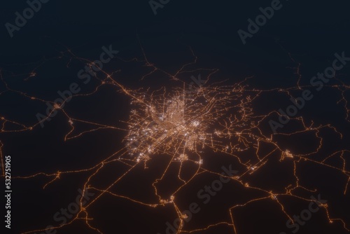 Aerial shot of Yamoussoukro (Ivory Coast) at night, view from north. Imitation of satellite view on modern city with street lights and glow effect. 3d render
