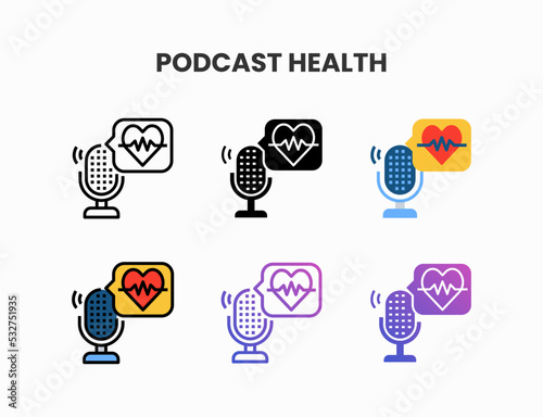 Healthcare Podcast icon set with line, outline, glyph, filled line, flat color, line gradient and flat gradient. Can be used for digital product, presentation, print design and more.