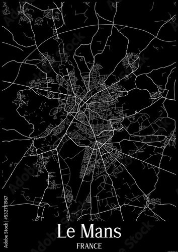 Black and White city map poster of Le Mans France.