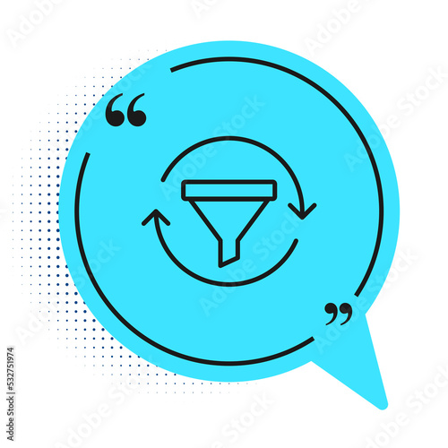 Black line Sales funnel with chart for marketing and startup business icon isolated on white background. Infographic template. Blue speech bubble symbol. Vector