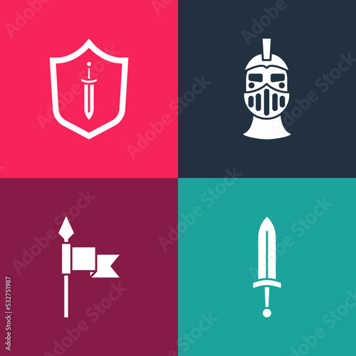 Set pop art Medieval sword  spear  iron helmet and shield with icon. Vector