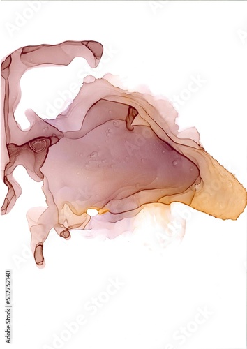 Abstract translucent peach cloud of magical illuminating smoke. Delicate festive background or trendy wallpaper in fluid art. Isolated curved spot similar to a strange animal with a long curved tail.
