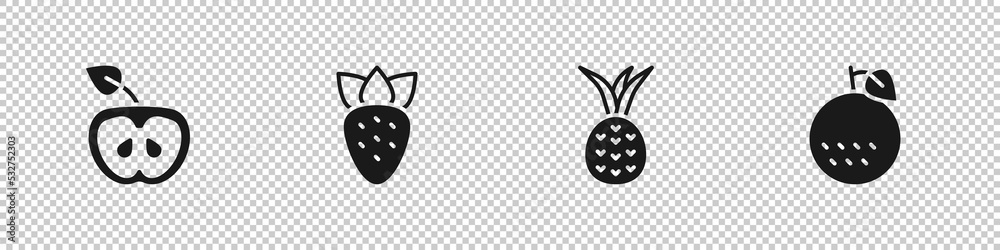 Set Apple, Strawberry, Pineapple and Orange fruit icon. Vector Set Apple, Strawberry, Pineapple and Orange fruit icon. Vector