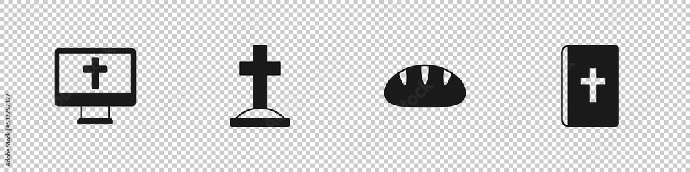 Set Christian cross on monitor, Grave with, bread and Holy bible book icon. Vector Set Christian cross on monitor, Grave with, bread and Holy bible book icon. Vector