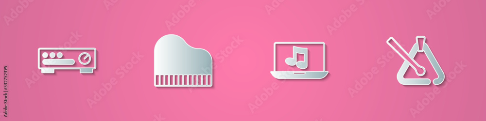 Set paper cut Sound mixer controller, Grand piano, Laptop with music and Triangle musical instrument icon. Paper art style. Vector