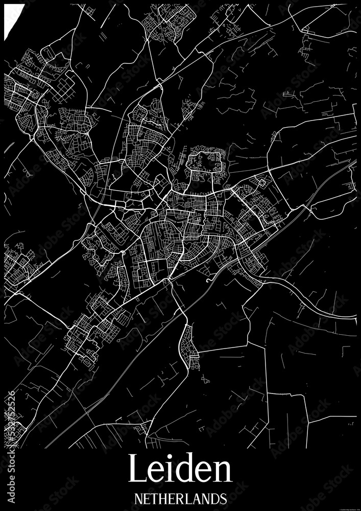 Black and White city map poster of Leiden Netherlands.