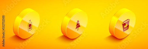 Set Isometric Bottle of vodka, Tree and Yogurt container icon. Vector