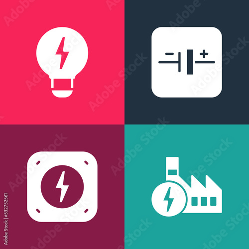 Set pop art Nuclear power plant, Lightning bolt, DC voltage source and Creative lamp light idea icon. Vector