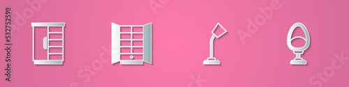 Set paper cut Wardrobe, Table lamp and Armchair icon. Paper art style. Vector