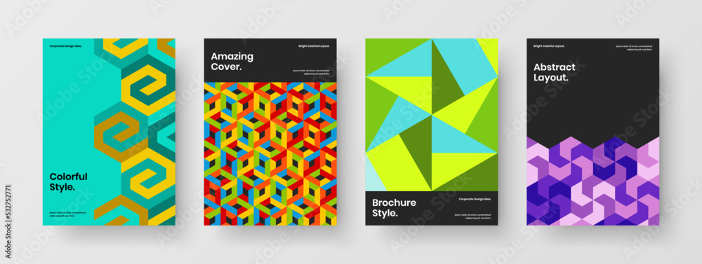 Fototapeta premium Clean corporate brochure design vector template set. Amazing geometric pattern front page layout collection.