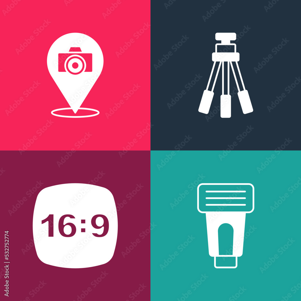 Set pop art Photo camera flash, frame 16, Tripod and icon. Vector