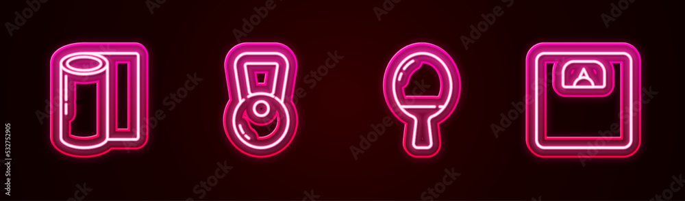 Set line Fitness mat roll, Kettlebell, Racket for playing table tennis and Bathroom scales. Glowing neon icon. Vector Set line Fitness mat roll, Kettlebell, Racket for playing table tennis and Bathroom scales. Glowing neon icon. Vector