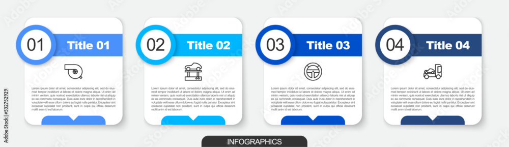 Obraz premium Set line Automotive turbocharger, Repair car on lift, Steering wheel and Car transporter truck. Business infographic template. Vector
