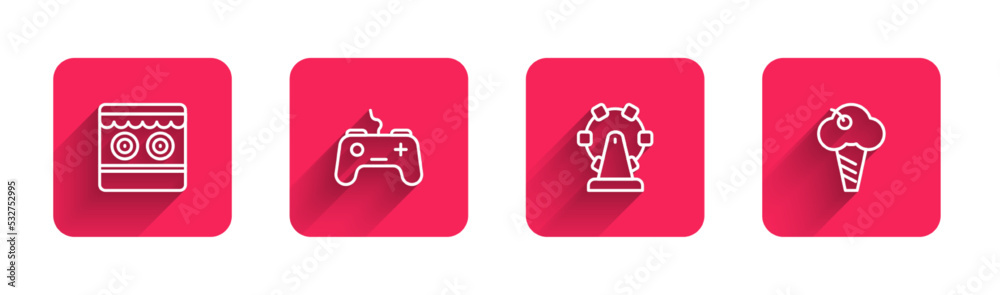 Set line Shooting gallery, Gamepad, Ferris wheel and Ice cream waffle cone with long shadow. Red square button. Vector Set line Shooting gallery, Gamepad, Ferris wheel and Ice cream waffle cone with long shadow. Red square button. Vector