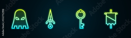 Set line Executioner mask, Dagger, Old key and Medieval flag. Glowing neon icon. Vector