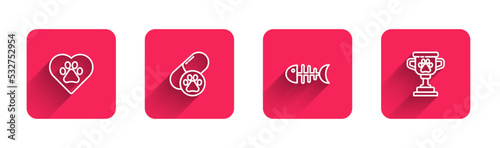 Set line Heart with animals footprint, Dog pill, Fish skeleton and Pet award with long shadow. Red square button. Vector