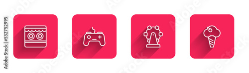 Set line Shooting gallery, Gamepad, Ferris wheel and Ice cream waffle cone with long shadow. Red square button. Vector