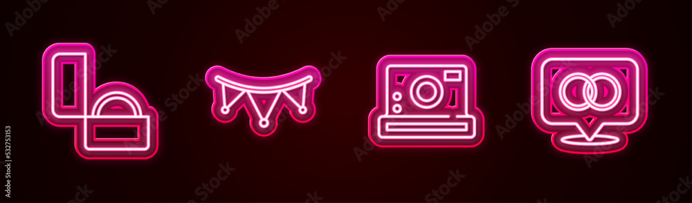Fototapeta premium Set line Diamond engagement ring, Carnival garland with flags, Photo camera and Wedding rings. Glowing neon icon. Vector