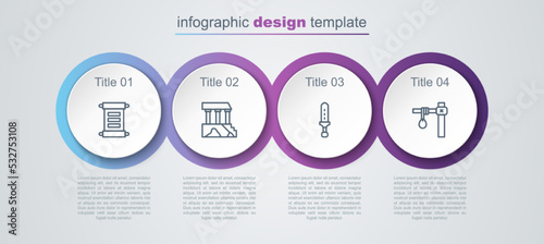 Set line Decree, parchment, scroll, Parthenon, Medieval sword and Gallows. Business infographic template. Vector