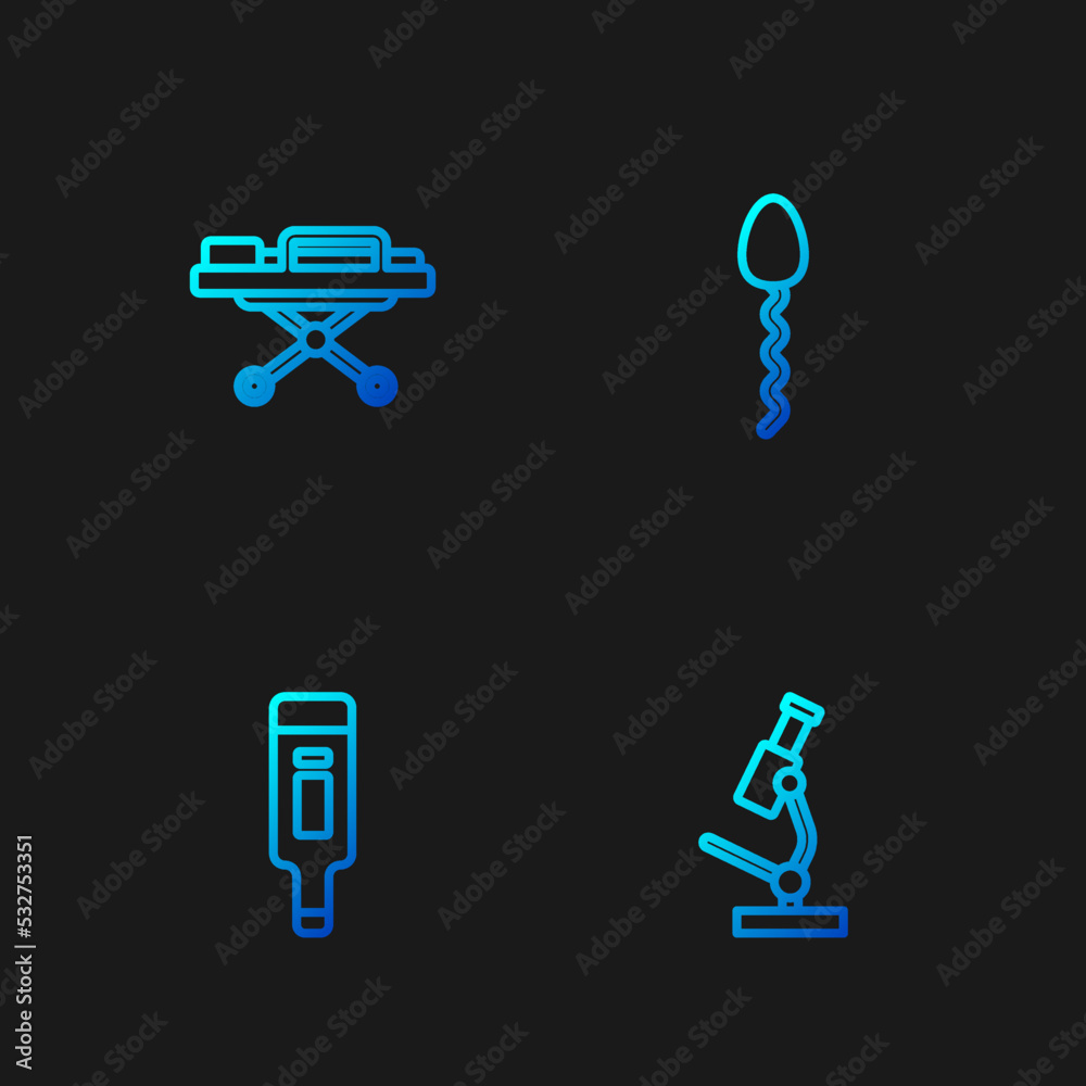 Set line Microscope, Digital thermometer, Stretcher and Sperm. Gradient color icons. Vector Set line Microscope, Digital thermometer, Stretcher and Sperm. Gradient color icons. Vector