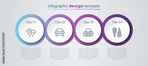 Set line Cloud with snow, Hockey helmet, Sport bag and Snowshoes. Business infographic template. Vector