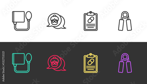 Set line Blood pressure, Grandmother, Medical prescription and Sport expander on black and white. Vector