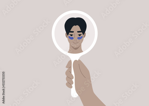 A young male Asian character wearing beauty eye patches and looking at their reflection in the mirror, self love and confidence, daily skin routine