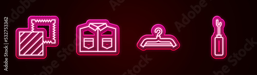 Set line Textile fabric roll, Shirt, Hanger wardrobe and Awl tool. Glowing neon icon. Vector