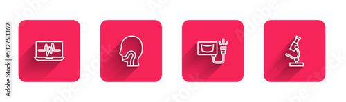 Set line Laptop with cardiogram, Sore throat, Ultrasound and Microscope with long shadow. Red square button. Vector