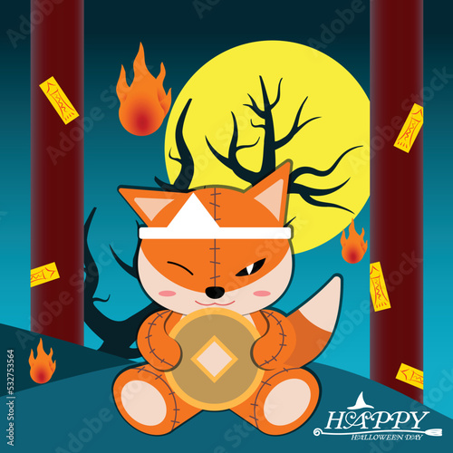vector illustration of A fox doll holding a coin . Night background with full moon on the back. There are trees without leaves, fireballs, foxes, and poles that hold them. for halloween decoration