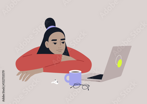 A professional burnout, an Asian female character resting on their desk, autumn fatigue
