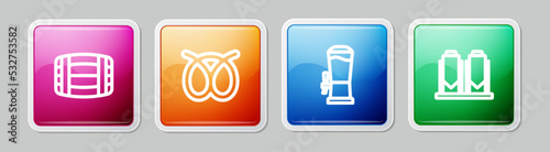 Set line Wooden barrel, Pretzel, Beer tap and brewing process. Colorful square button. Vector