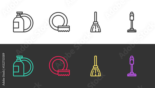 Set line Dishwashing liquid bottle, Washing dishes, Handle broom and Vacuum cleaner on black and white. Vector