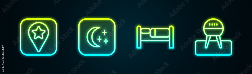 Set line Location for camping, Moon and stars, Bed and Barbecue grill. Glowing neon icon. Vector Set line Location for camping, Moon and stars, Bed and Barbecue grill. Glowing neon icon. Vector