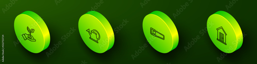 Set Isometric line Plant in hand of environmental, Watering can, Hand saw and Farm house icon. Vector Set Isometric line Plant in hand of environmental, Watering can, Hand saw and Farm house icon. Vector