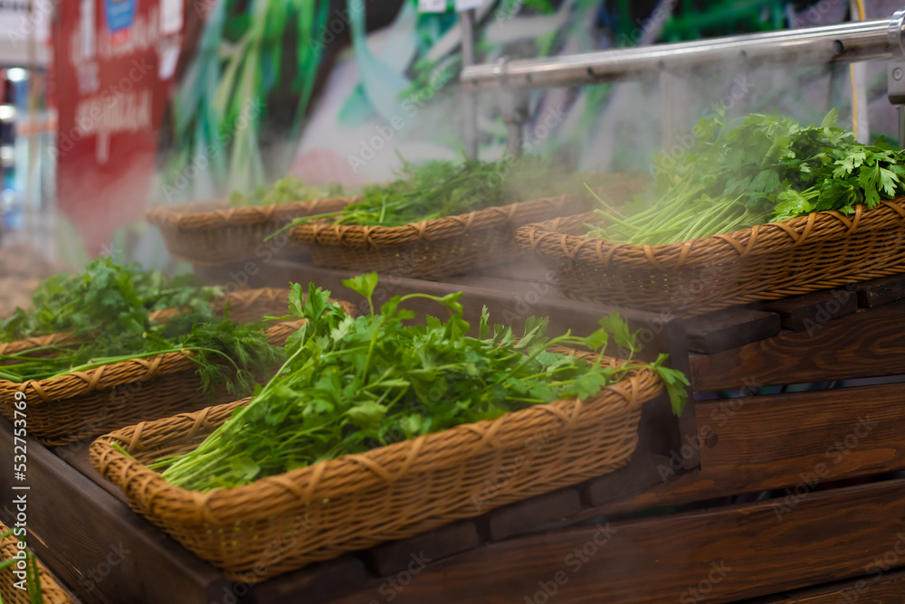 Greens on the counter of the store.Dill and parsley on a wooden table. blown with moisturizing steam Greens on the counter of the store.Dill and parsley on a wooden table. blown with moisturizing steam