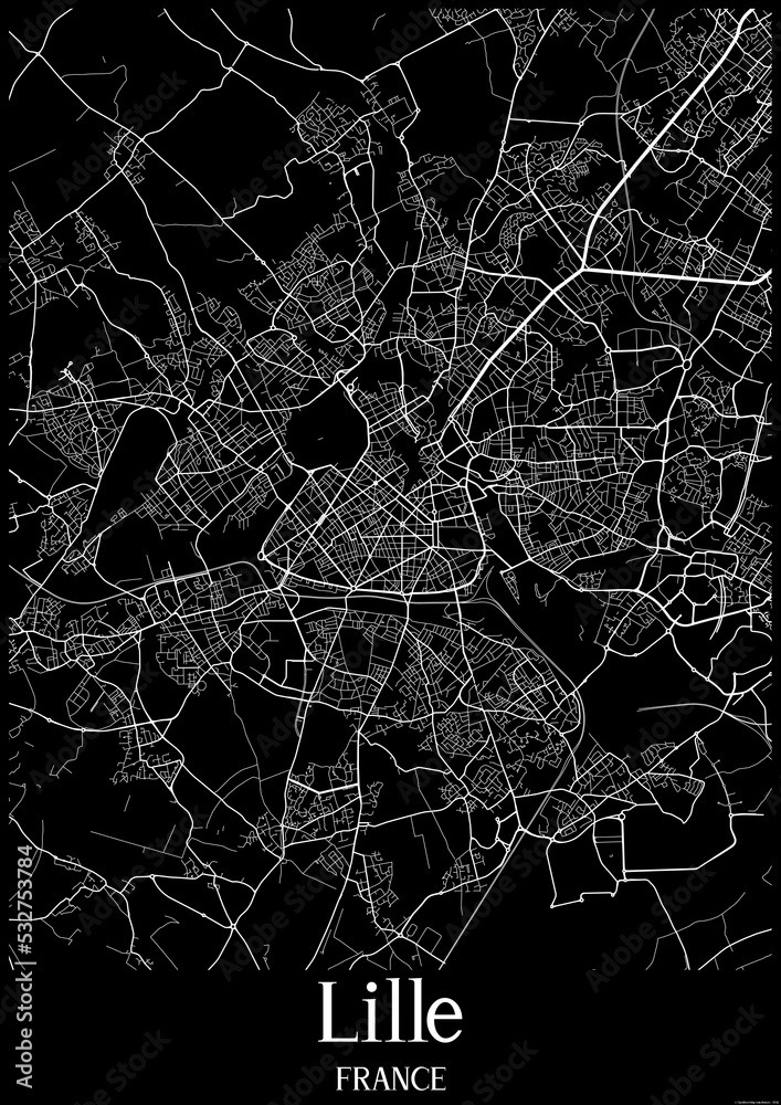 Black and White city map poster of Lille France.