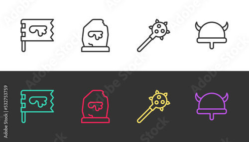 Set line Viking flag, Magic rune, Mace with spikes and horned helmet on black and white. Vector