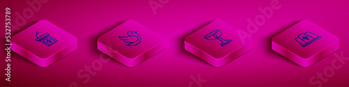 Set Isometric line Church sermon tribune, Dove, Christian chalice and Pope hat icon. Vector