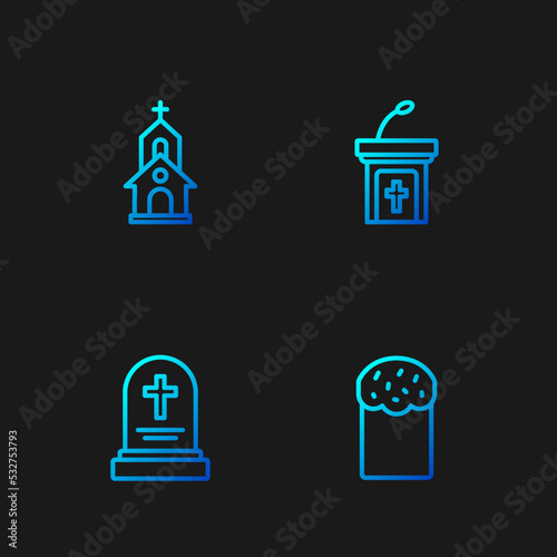 Set line Easter cake, Grave with tombstone, Church building and sermon tribune. Gradient color icons. Vector