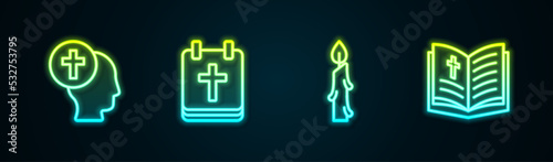 Set line Priest, Calendar with Easter, Burning candle and Holy bible book. Glowing neon icon. Vector