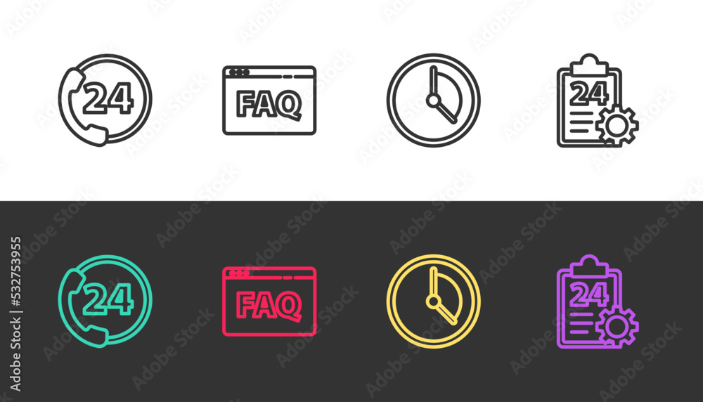 Set line Telephone 24 hours support, Browser FAQ, Time Management and Checklist with service on black and white. Vector Set line Telephone 24 hours support, Browser FAQ, Time Management and Checklist with service on black and white. Vector