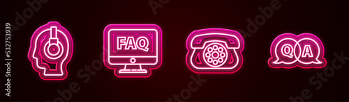 Set line Support operator in touch, Computer monitor and FAQ, Telephone and Question Answer. Glowing neon icon. Vector