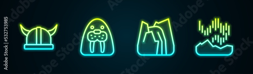 Set line Viking in horned helmet, Walrus animal, Waterfall and Northern lights. Glowing neon icon. Vector