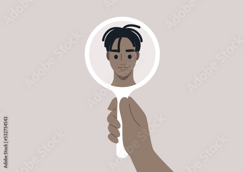 A young male African character looking at their reflection in the mirror, self love and confidence